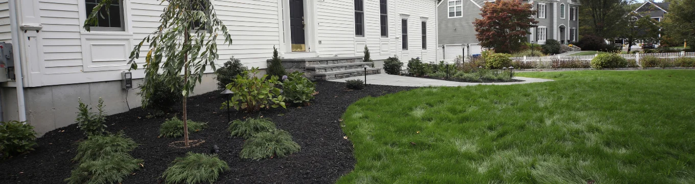 Landscape maintenance with fresh mulch beds and trimmed shrubs in Connecticut